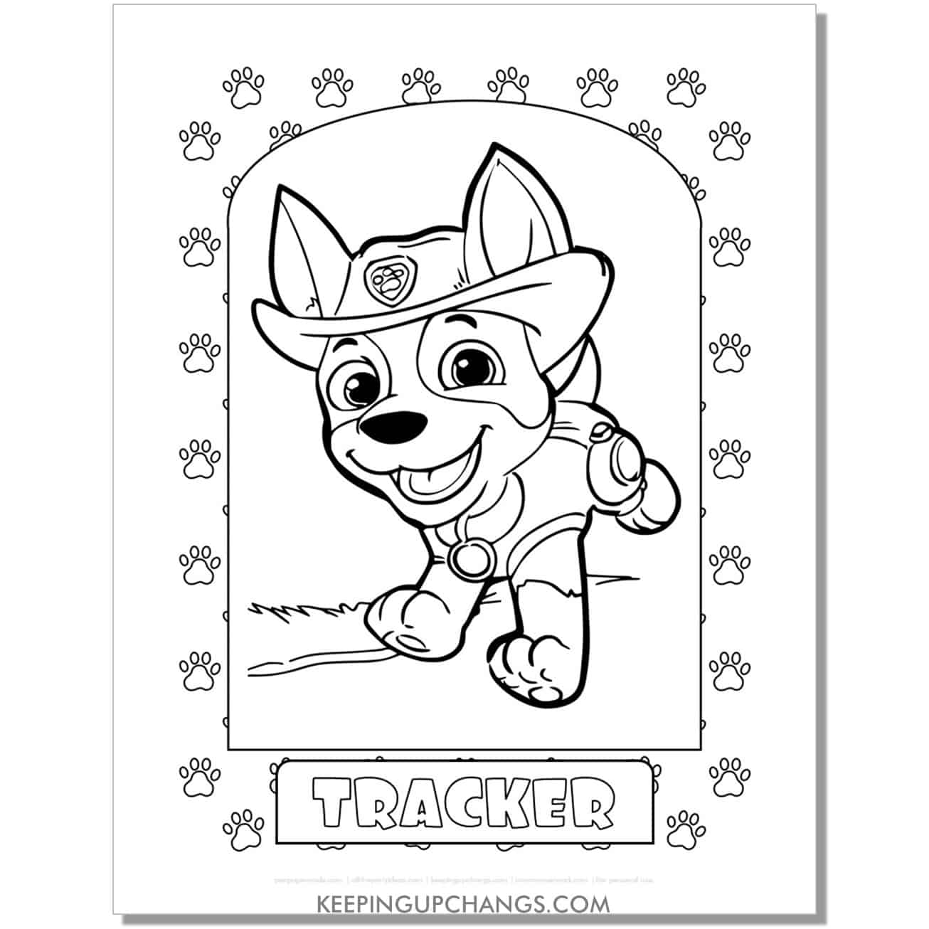 free tracker dog print paw patrol coloring page, sheet.