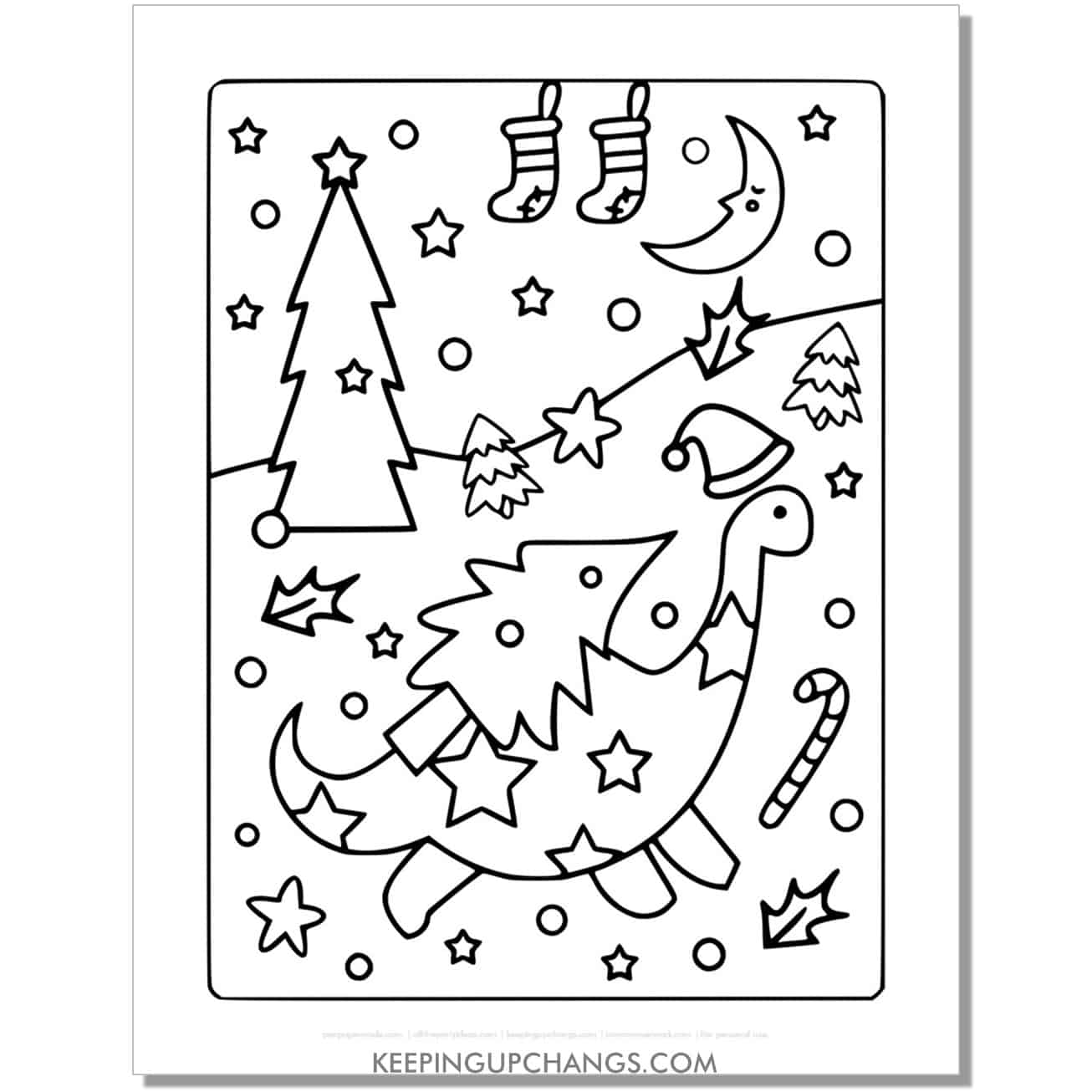 free full size large christmas dinosaur with trees, stockings, candy cane coloring page.