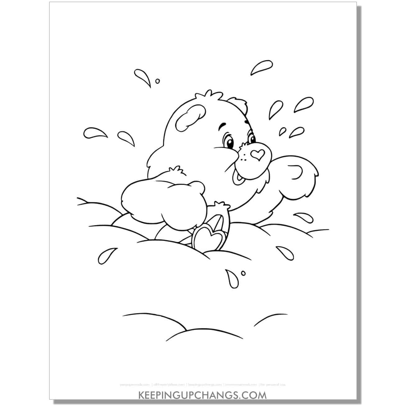 true heart bear splashing in clouds care bear coloring page, sheet.