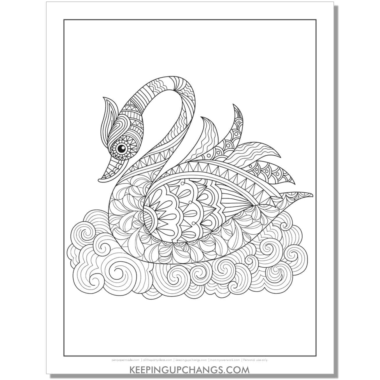 asian zentangle swan on cloud coloring page.
