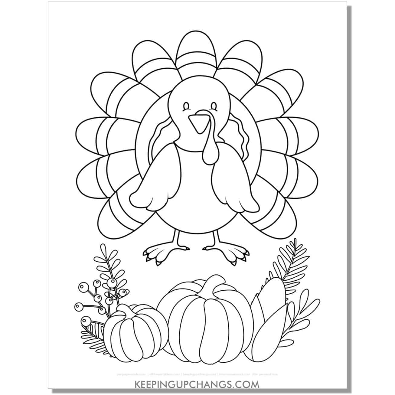 free cute turkey with pumpkin coloring page for fall, thanksgiving.