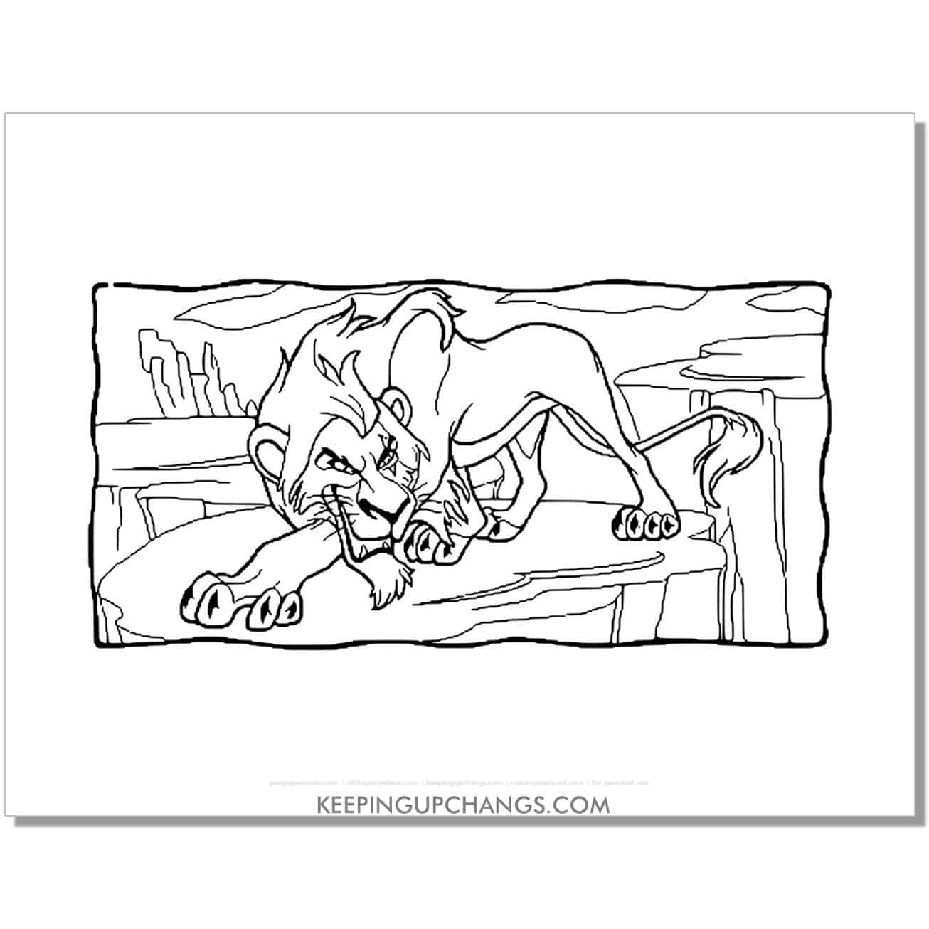 uncle scar with evil look lion king coloring page, sheet.