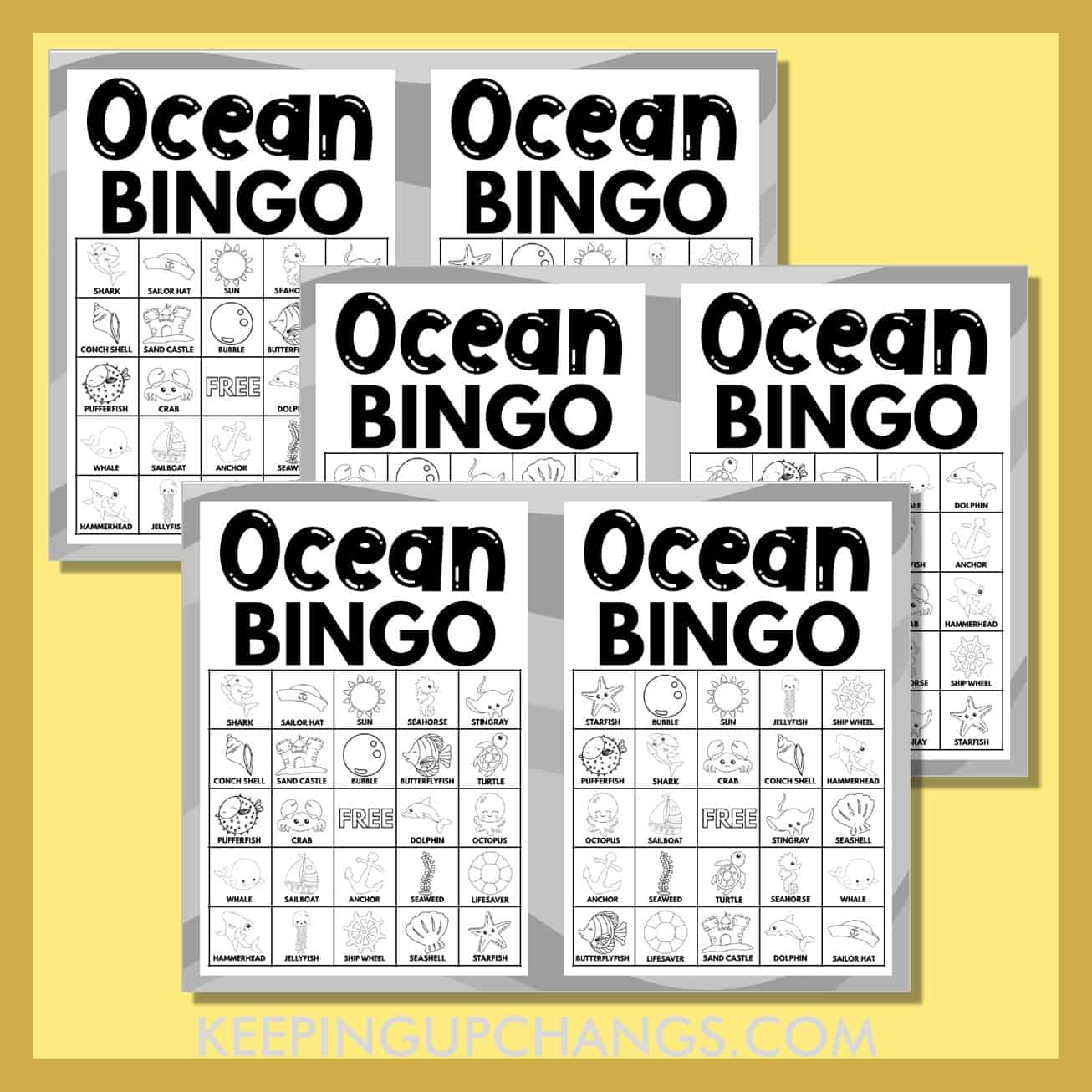 free black, white sea ocean bingo 5x5 game cards.