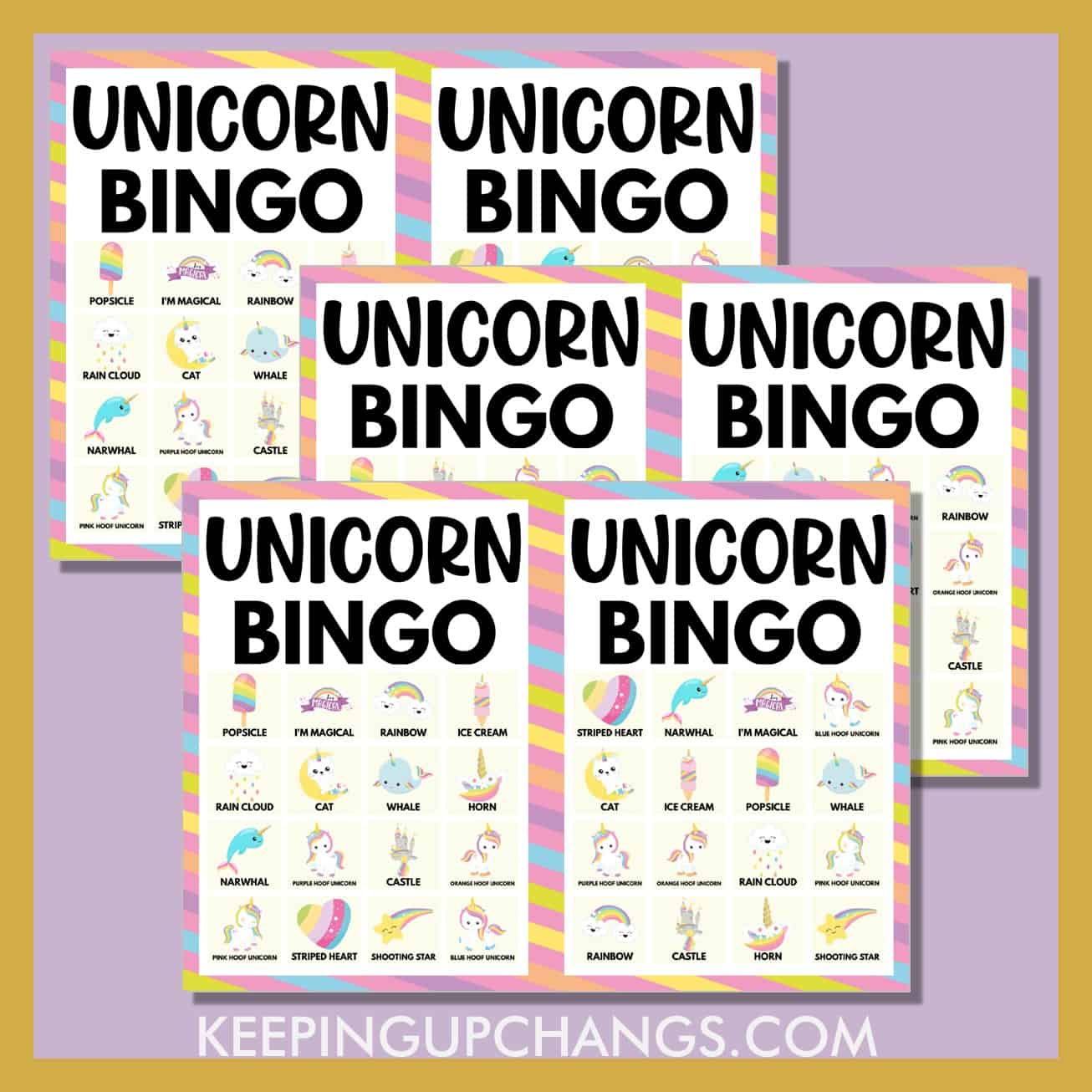 free unicorn bingo 4x4 game cards.