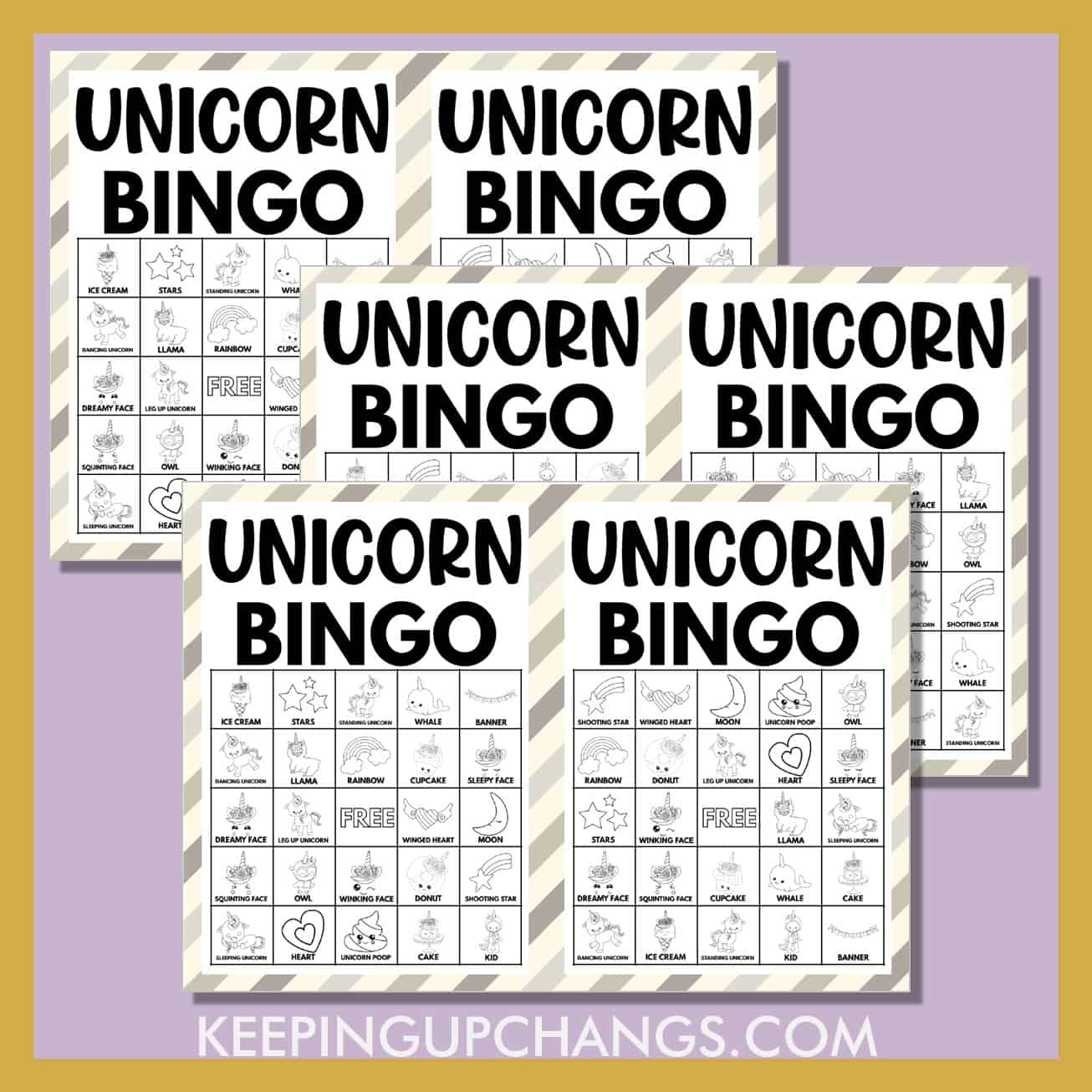 free black, white unicorn bingo 5x5 game cards.