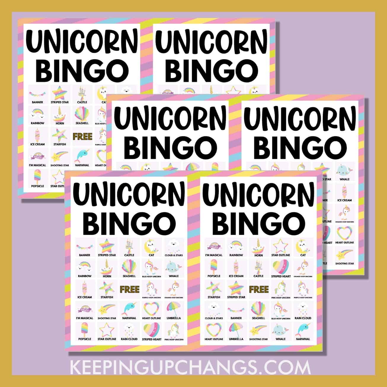 free unicorn bingo 5x5 game cards.