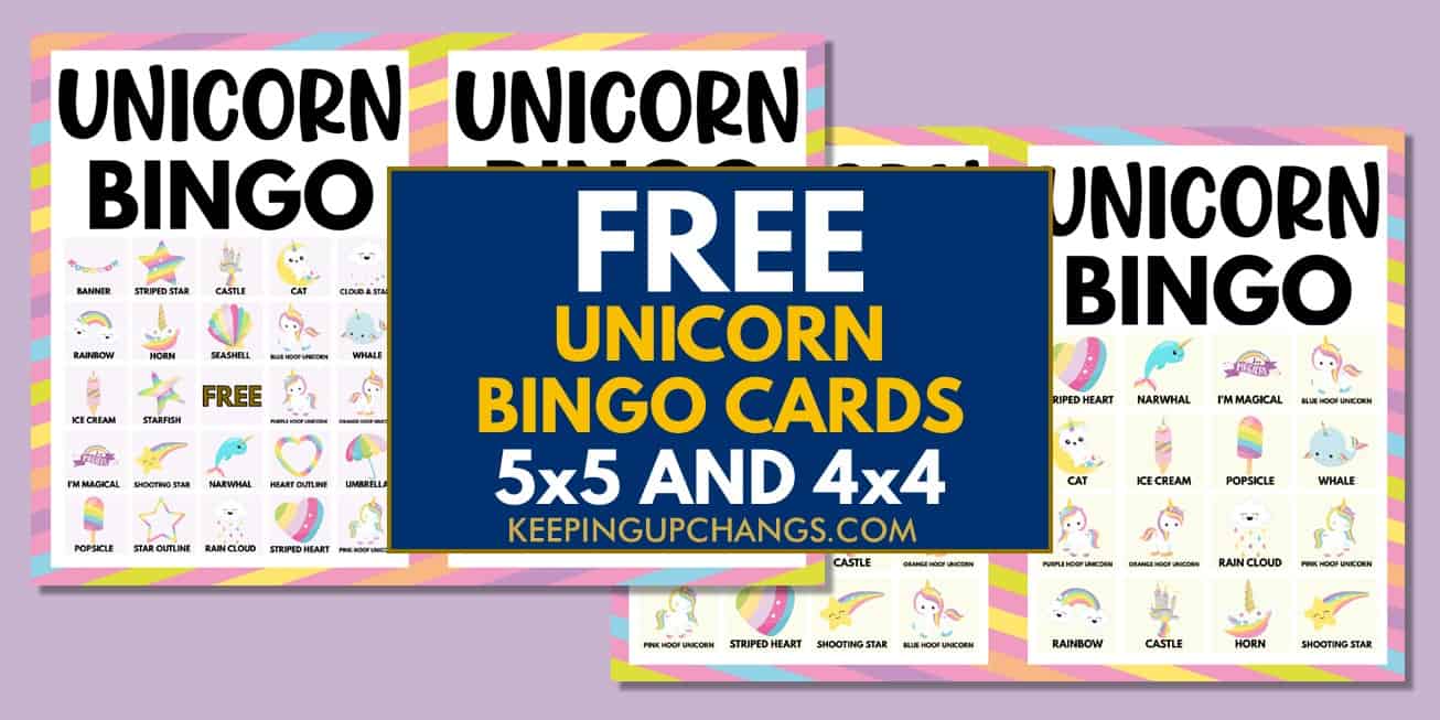 free unicorn bingo cards 5x5 4x4 for birthday party, wedding, baby shower.