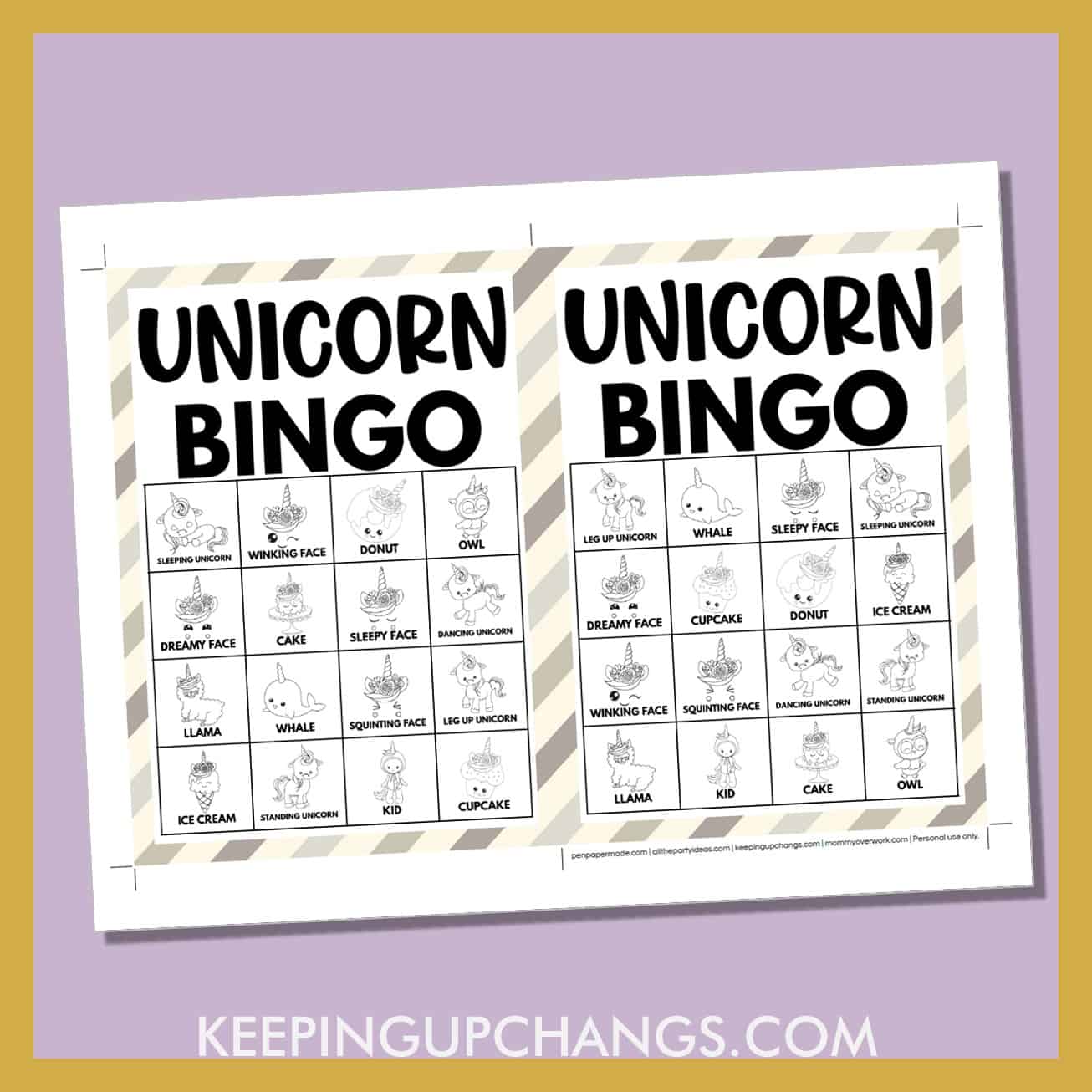 free unicorn bingo card 4x4 5x7 game boards with black, white images and text words.