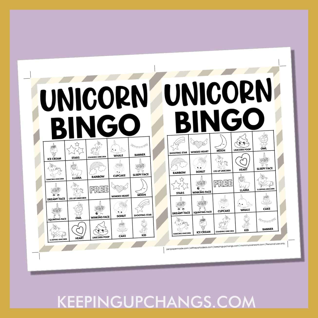 free unicorn bingo card 5x5 5x7 game boards with black, white images and text words.
