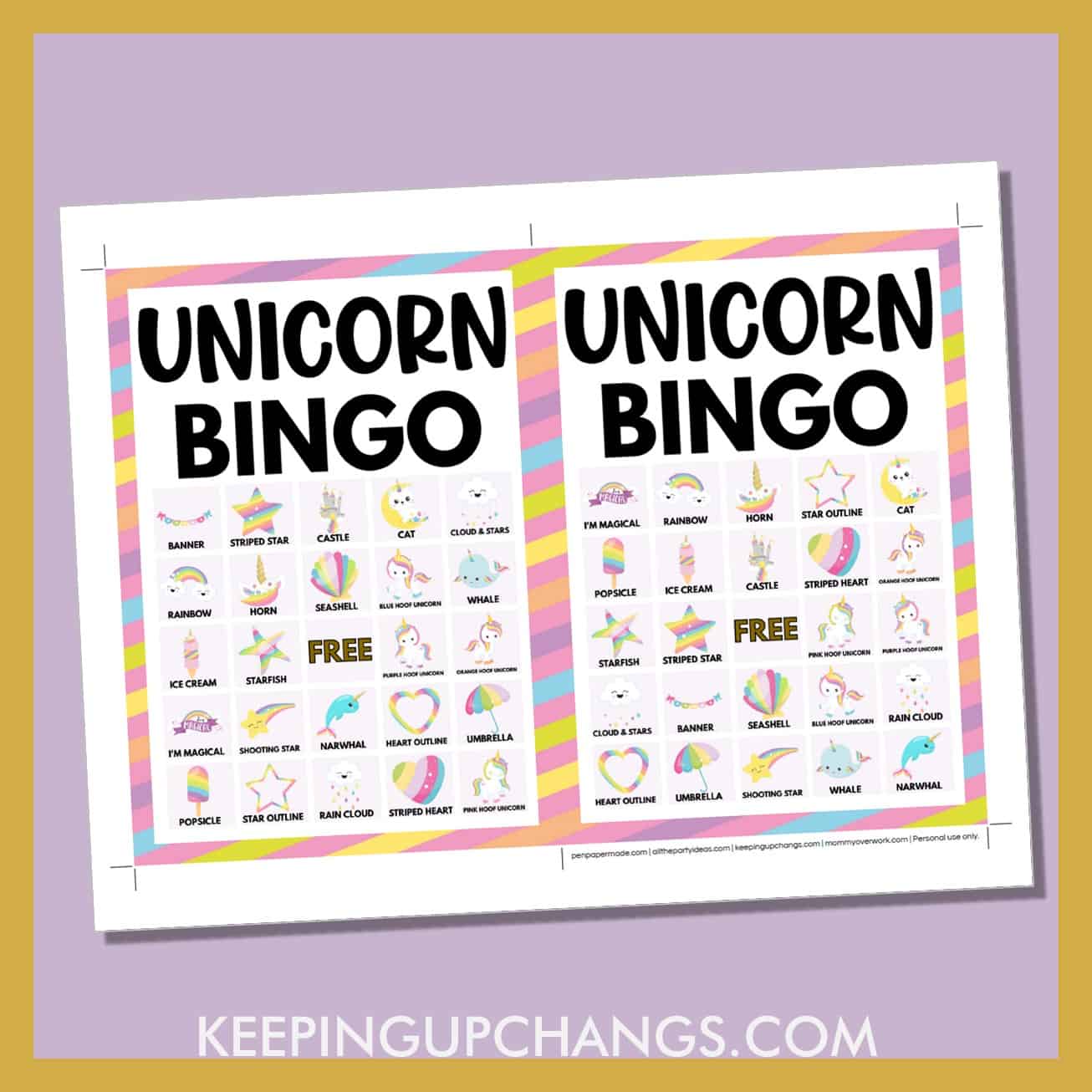 free unicorn bingo card 5x5 5x7 game boards with images and text words.