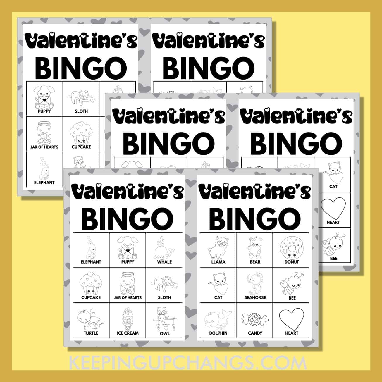 free valentine's bingo cards 3x3 black white coloring for party, school, group.