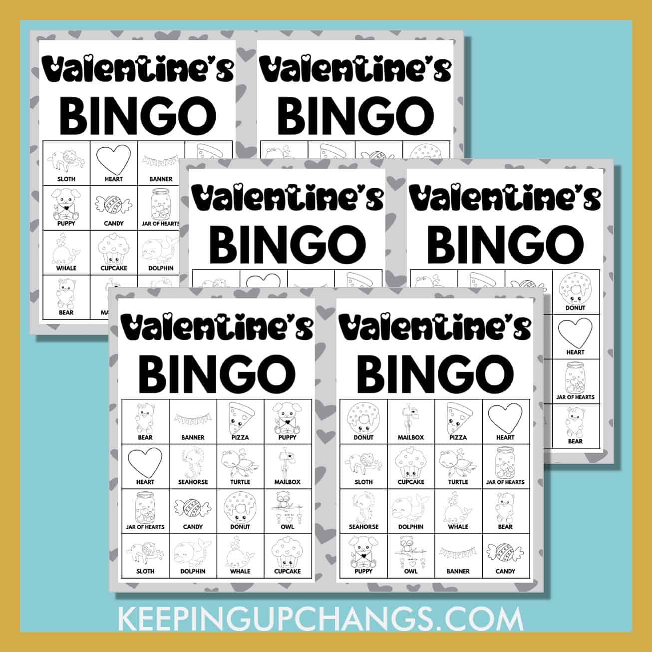 free valentine's bingo cards 4x4 black white coloring for party, school, group.