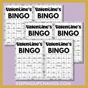 free valentine's bingo cards 5x5 black white coloring for party, school, group.