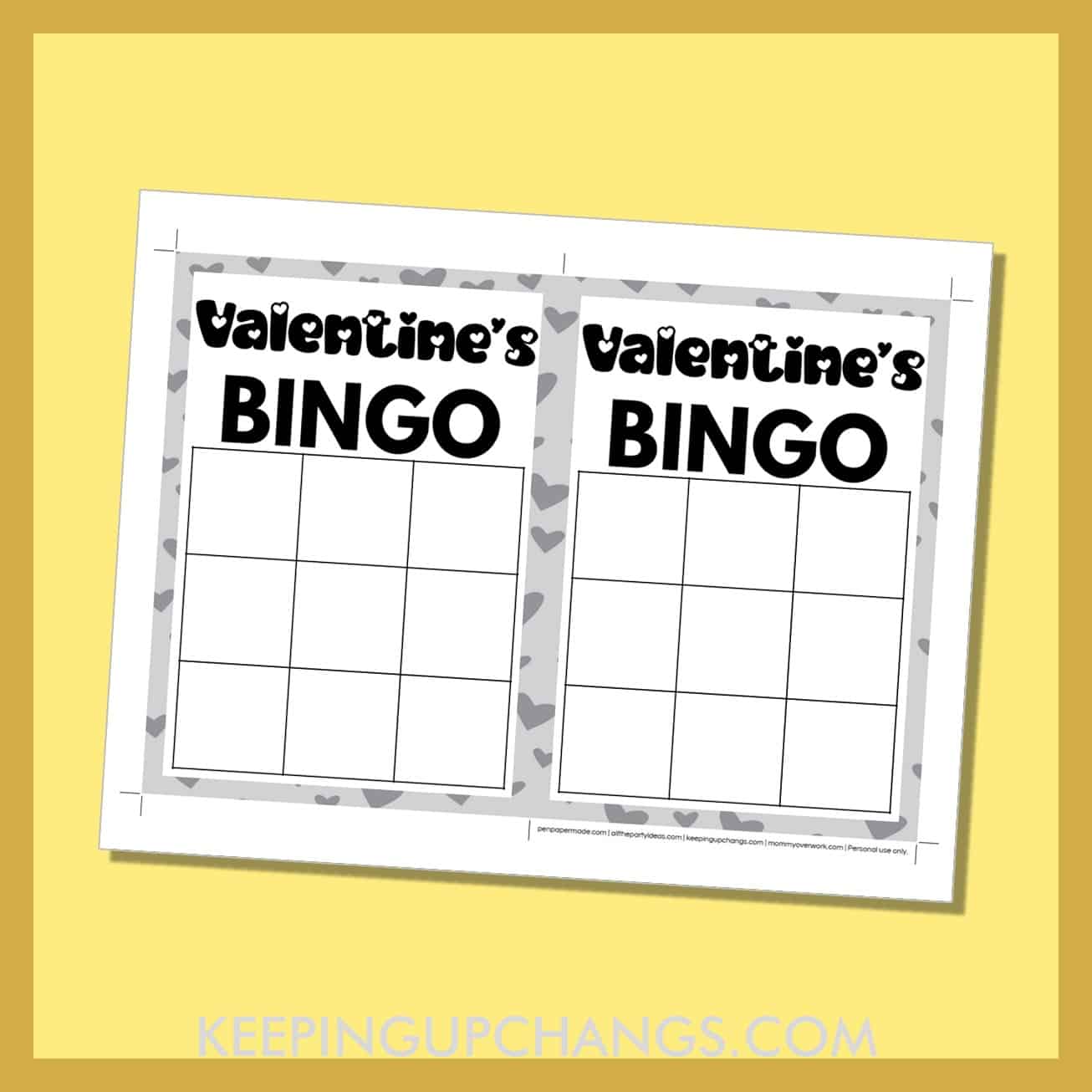 free valentine's day bingo 3x3 grid black white game board blank template.