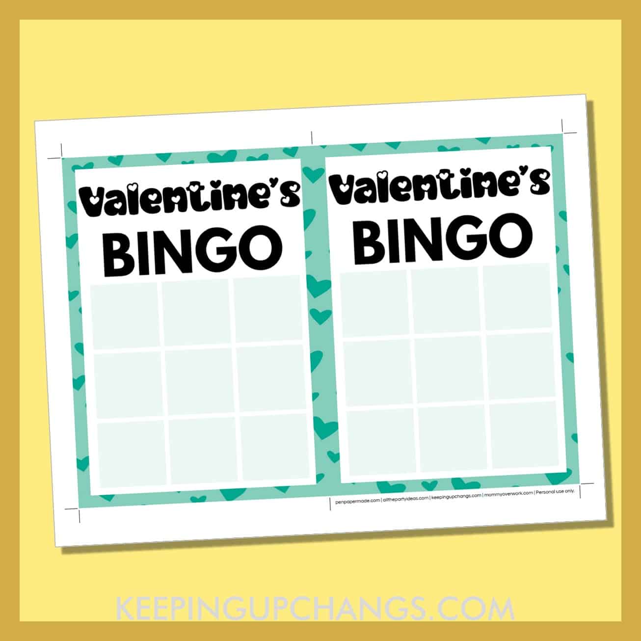 free valentine's day bingo 3x3 grid game board blank template.