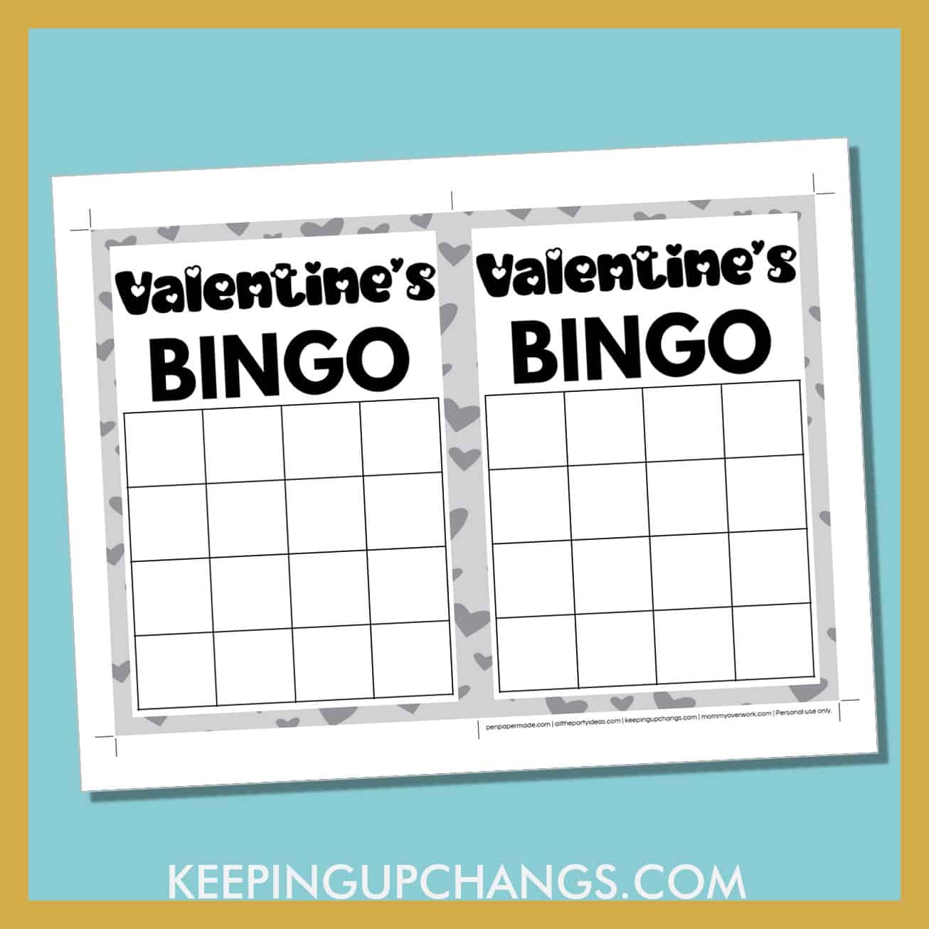 free valentine's day bingo 4x4 grid black white game board blank template.