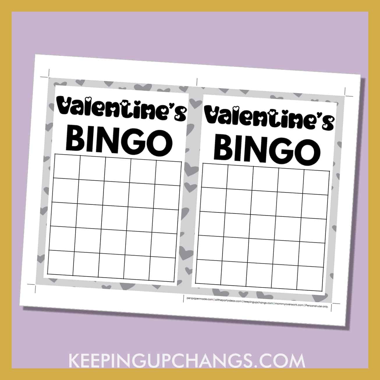 free valentine's day bingo 5x5 grid black white game board blank template.