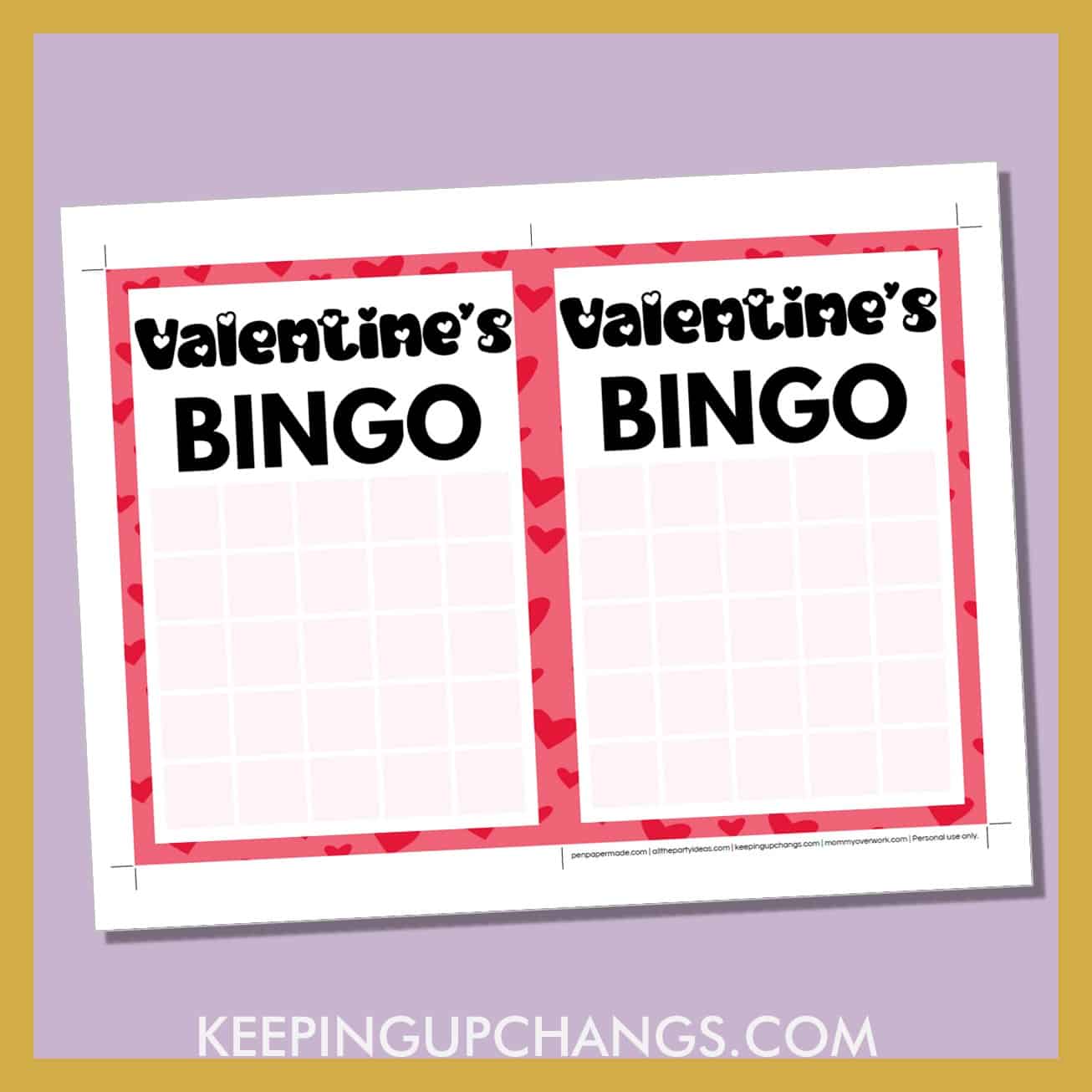 free valentine's day bingo 5x5 grid game board blank template.