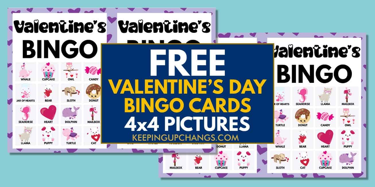 free valentine's bingo cards 4x4 for party, school, group.
