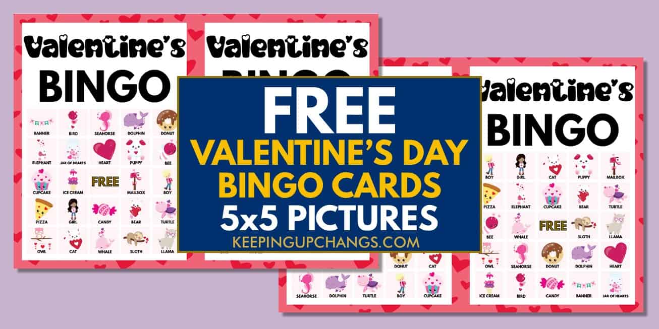free valentine's bingo cards 5x5 for party, school, group.