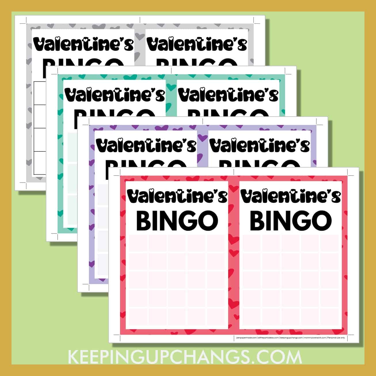 free blank valentine's bingo card printable templates in 3x3, 4x4 and 5x5 grids.