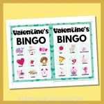 free valentine's bingo card 3x3 5x7 game boards with images and text words.