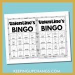 free valentine's bingo card 4x4 5x7 black white coloring game boards with images and text words.
