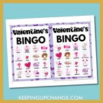 free valentine's bingo card 4x4 5x7 game boards with images and text words.