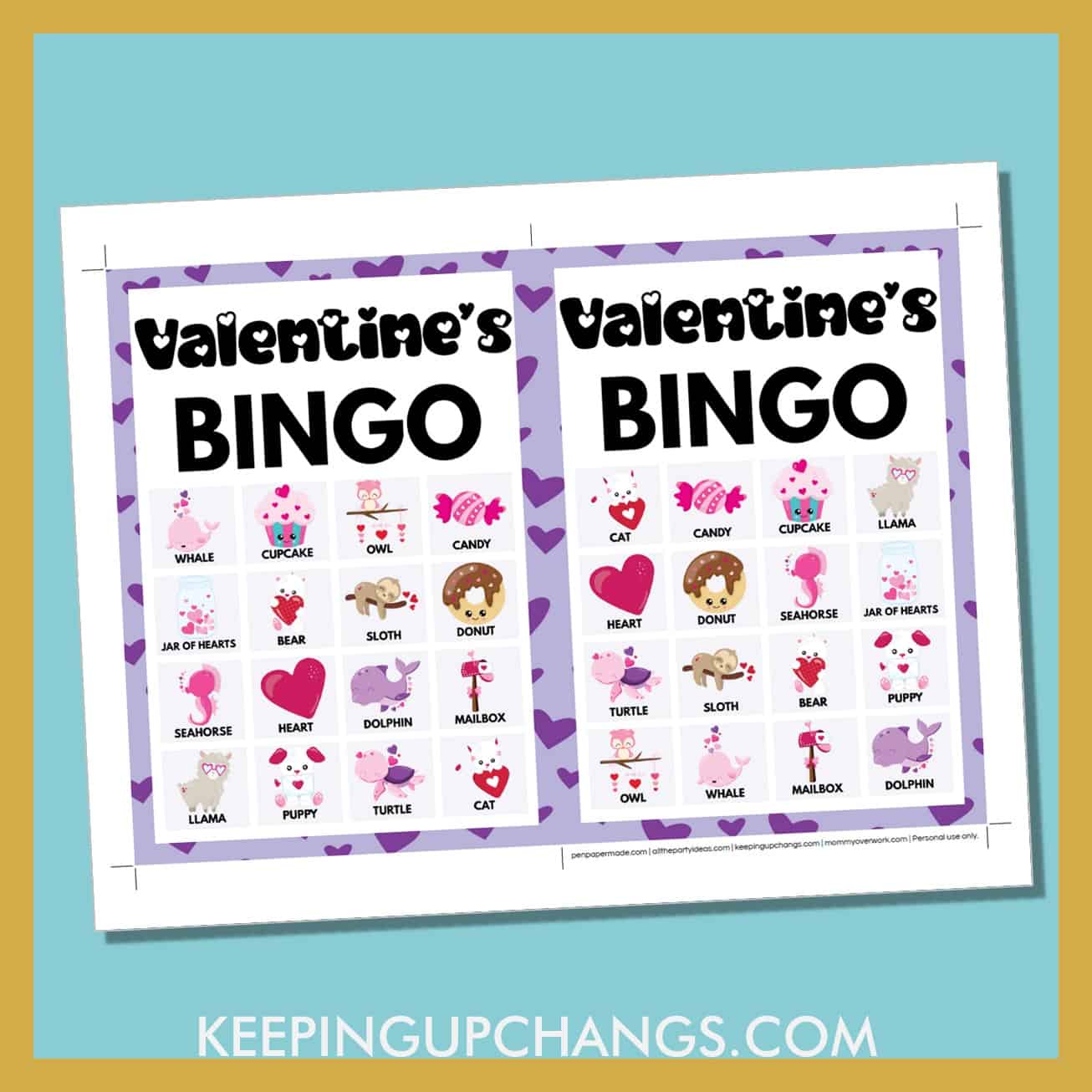 free valentine's bingo card 4x4 5x7 game boards with images and text words.