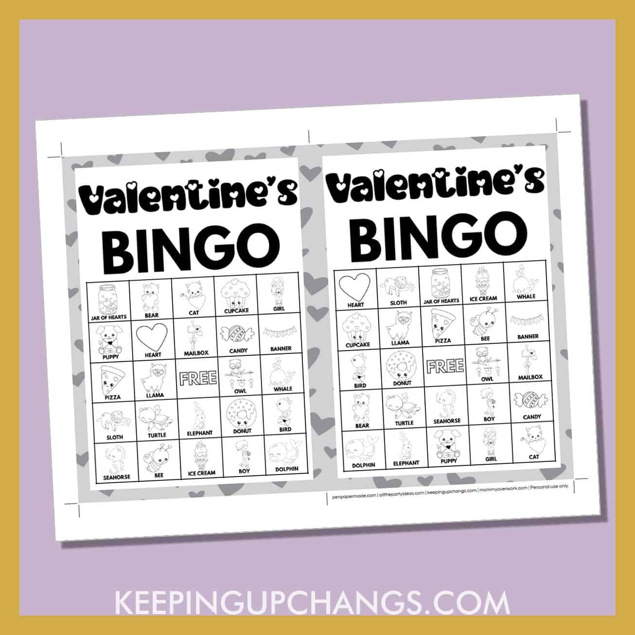 free valentine's bingo card 5x5 5x7 black white coloring game boards with images and text words.