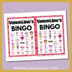 free valentine's bingo card 5x5 5x7 game boards with images and text words.