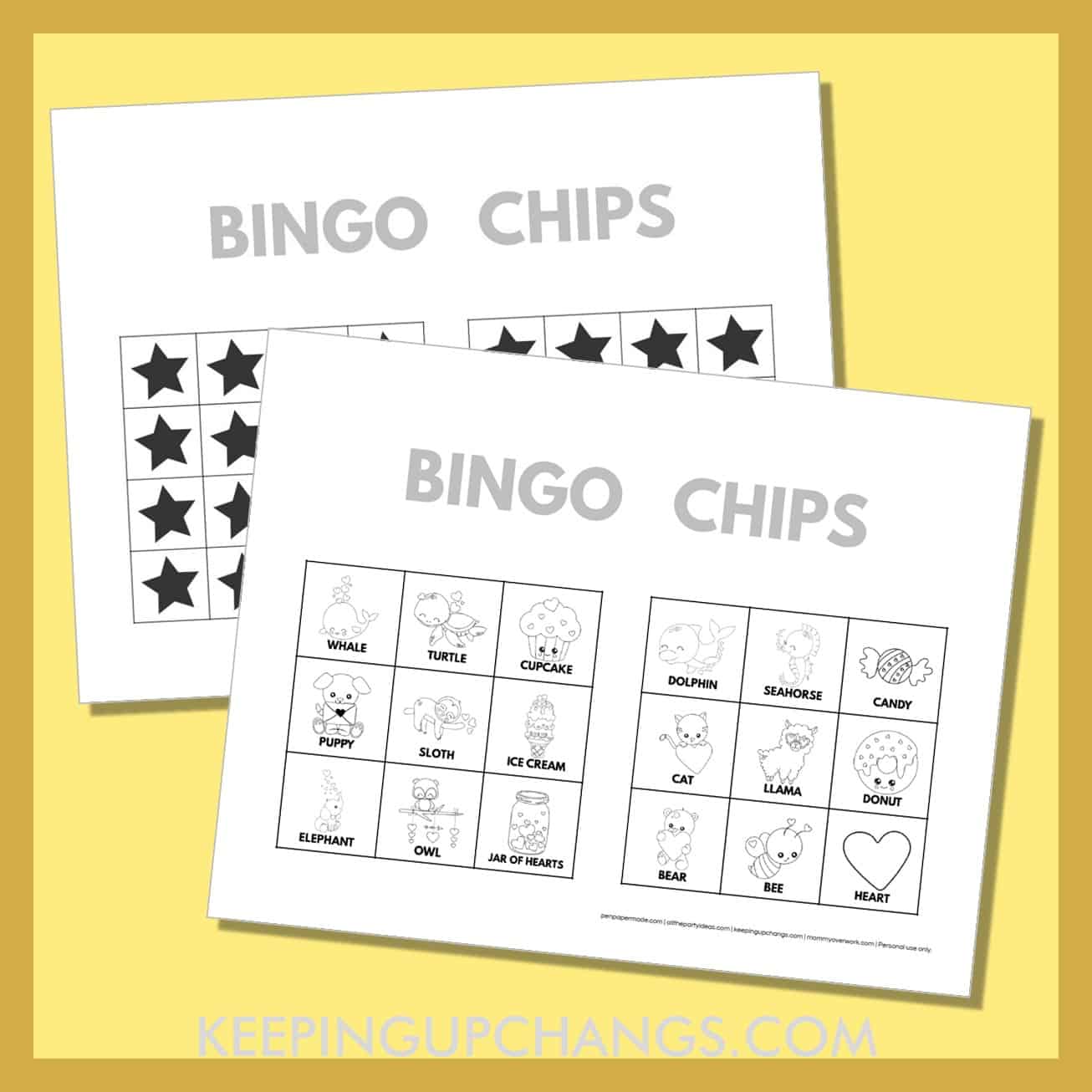 free valentine's day bingo card 3x3 black white coloring game chips, tokens, markers.