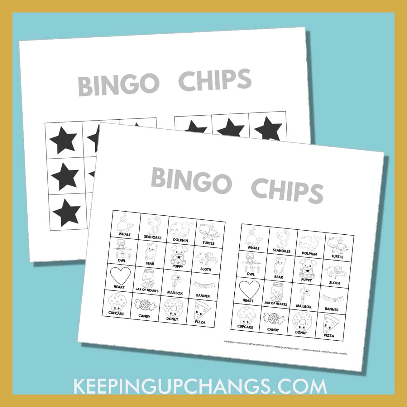 free valentine's day bingo card 4x4 black white coloring game chips, tokens, markers.