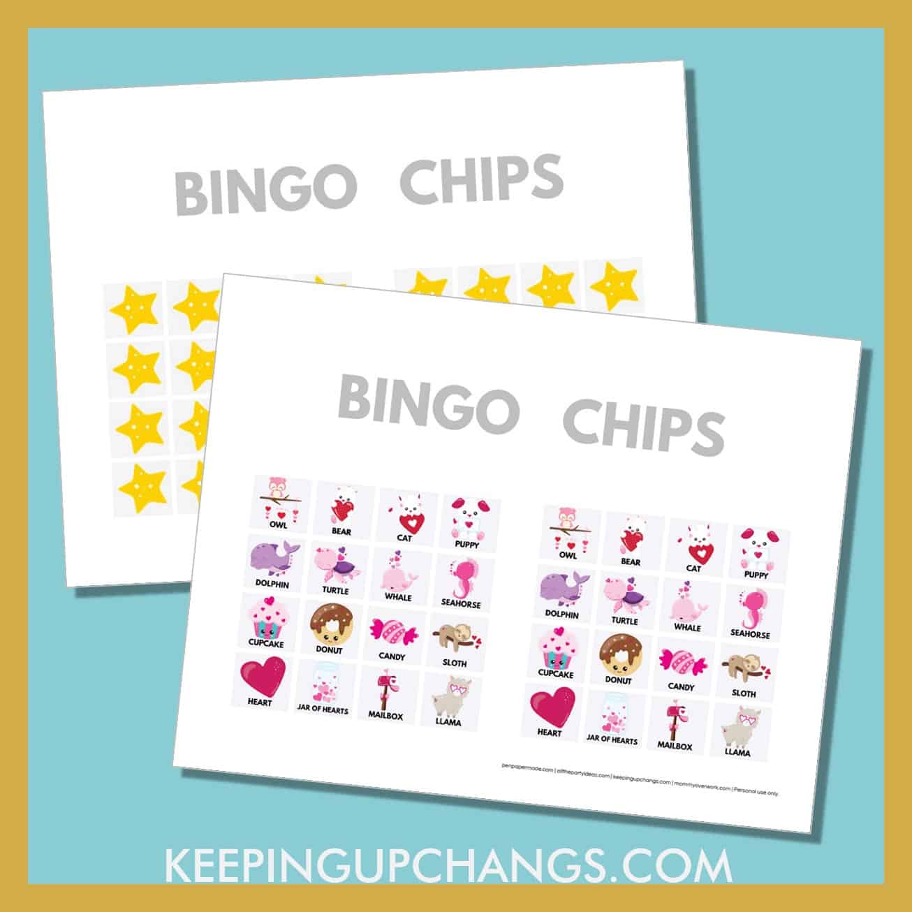 free valentine's bingo card 4x4 game chips, tokens, markers.