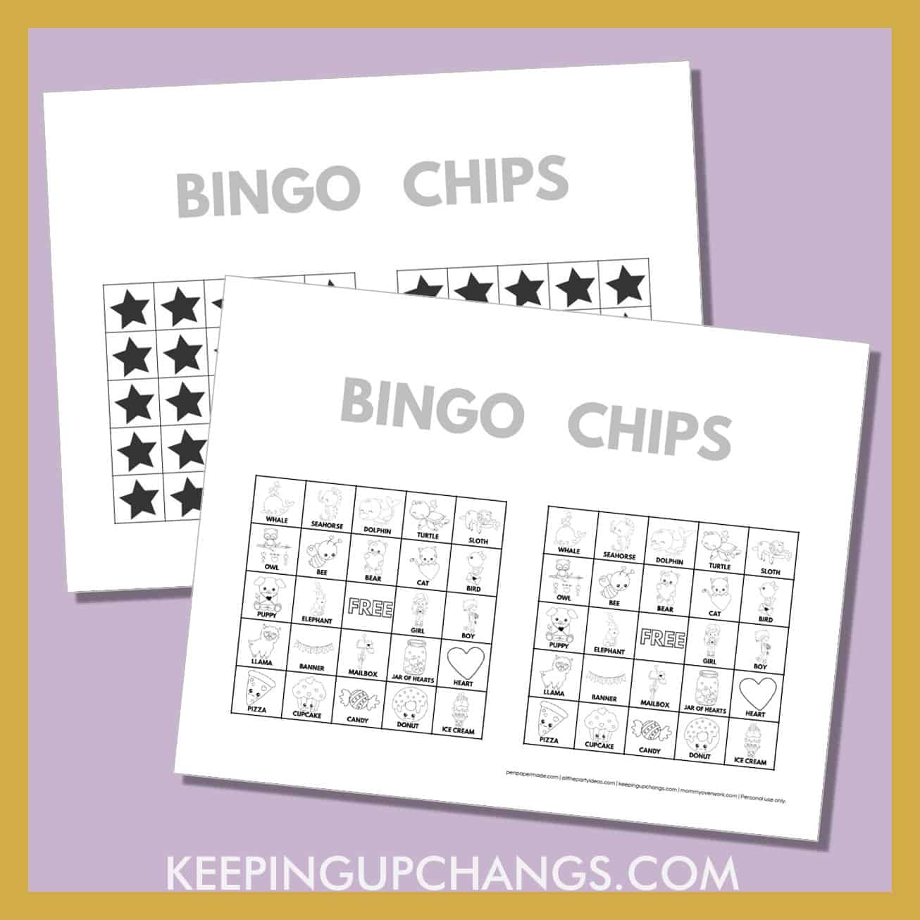 free valentine's day bingo card 5x5 black white coloring game chips, tokens, markers.