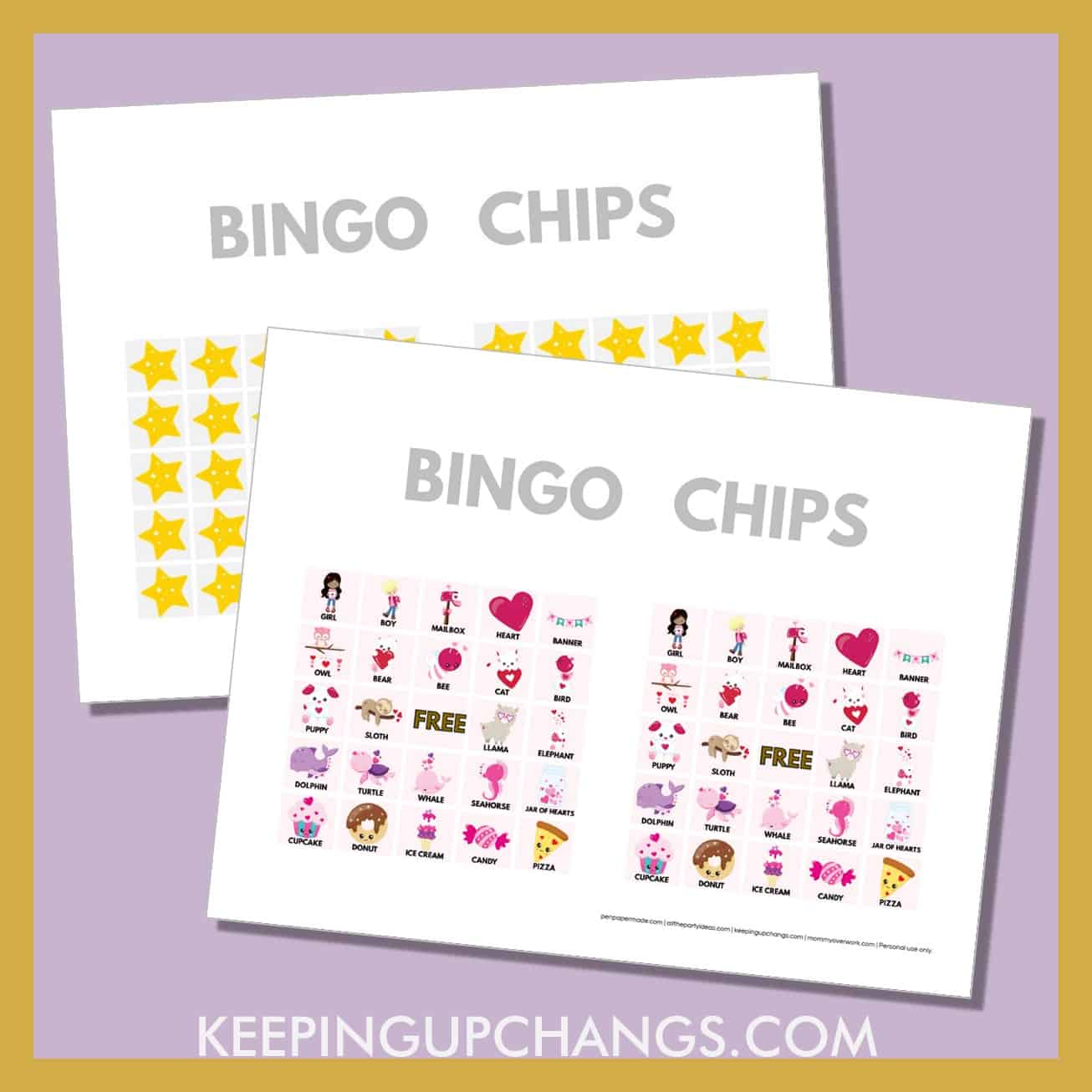 free valentine's bingo card 5x5 game chips, tokens, markers.