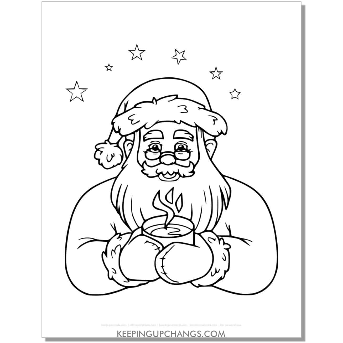 free classic, vintage santa with hot chocolate coloring page.