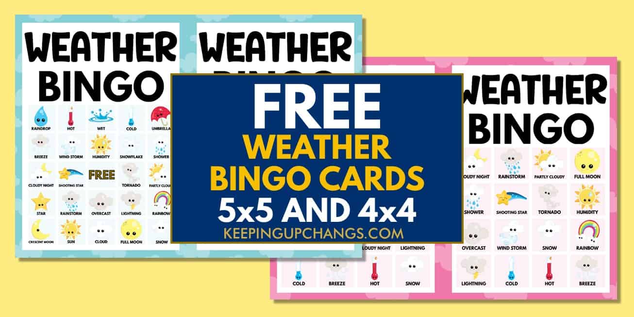 free weather bingo cards 5x5 4x4 for science classroom learning activity.