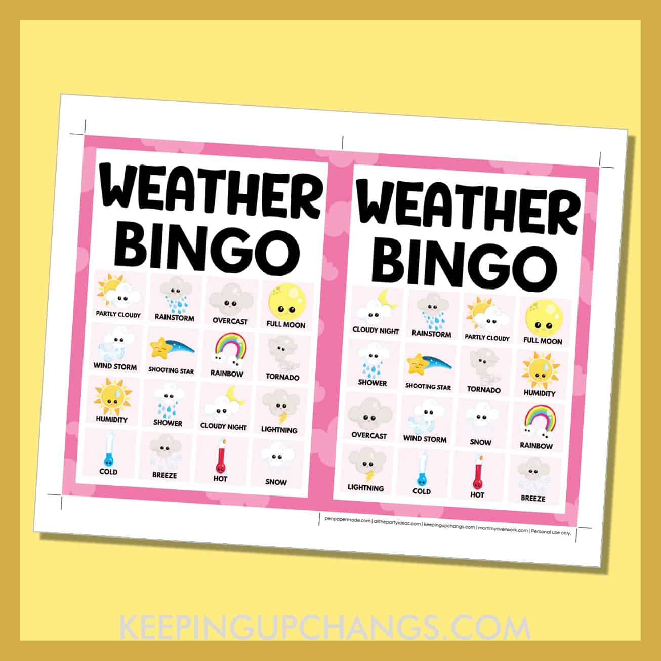 free weather bingo card 4x4 5x7 game boards with images and text words.