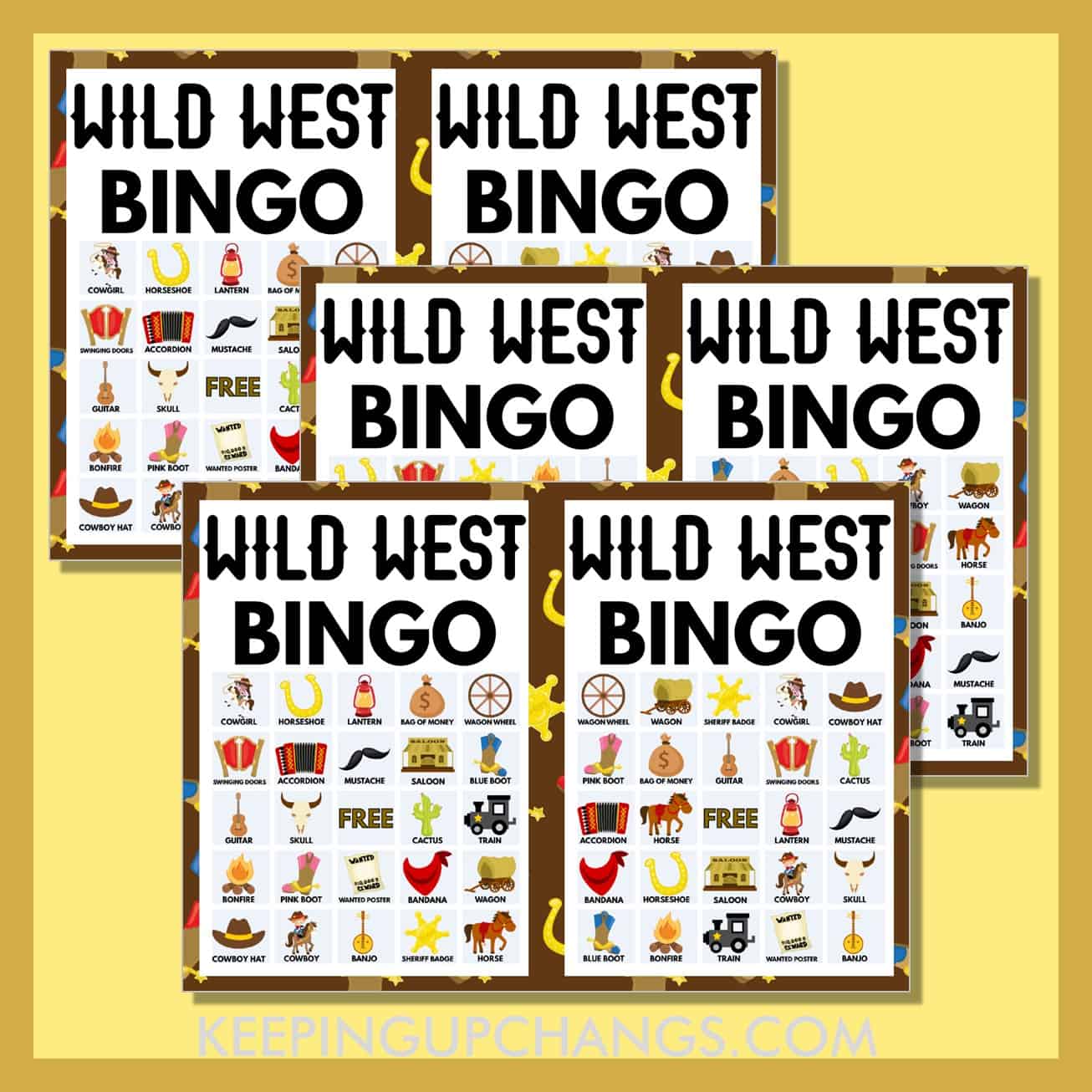 free cowboy cowgirl bingo 5x5 game cards.