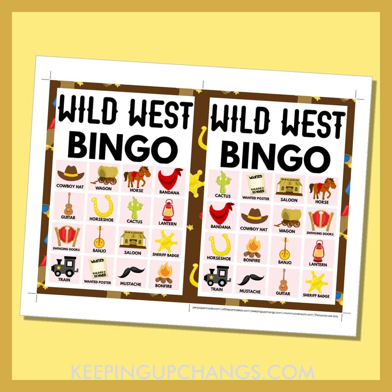free wild west bingo card 4x4 5x7 game boards with images and text words.