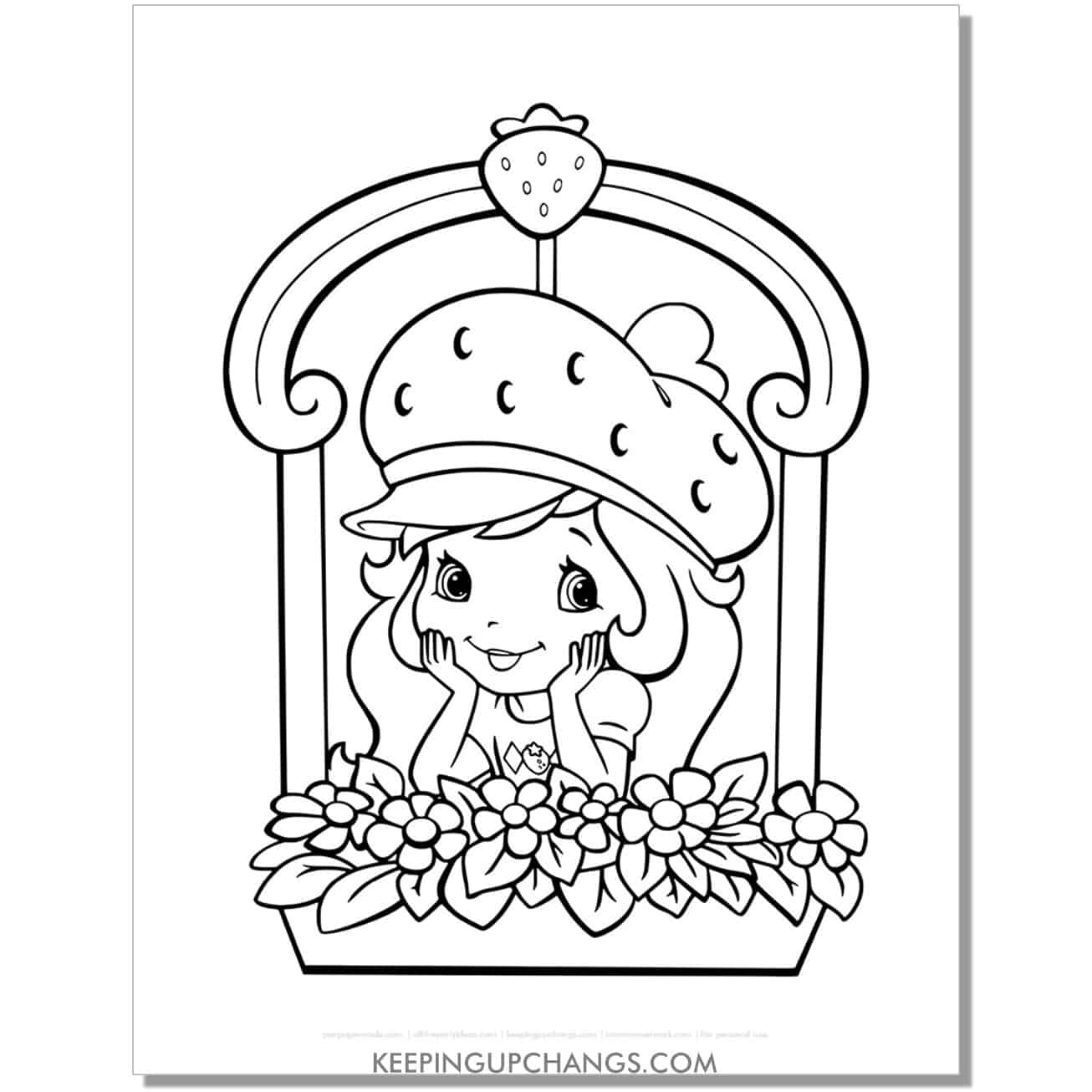 free strawberry shortcake sitting in a window coloring page, sheet.