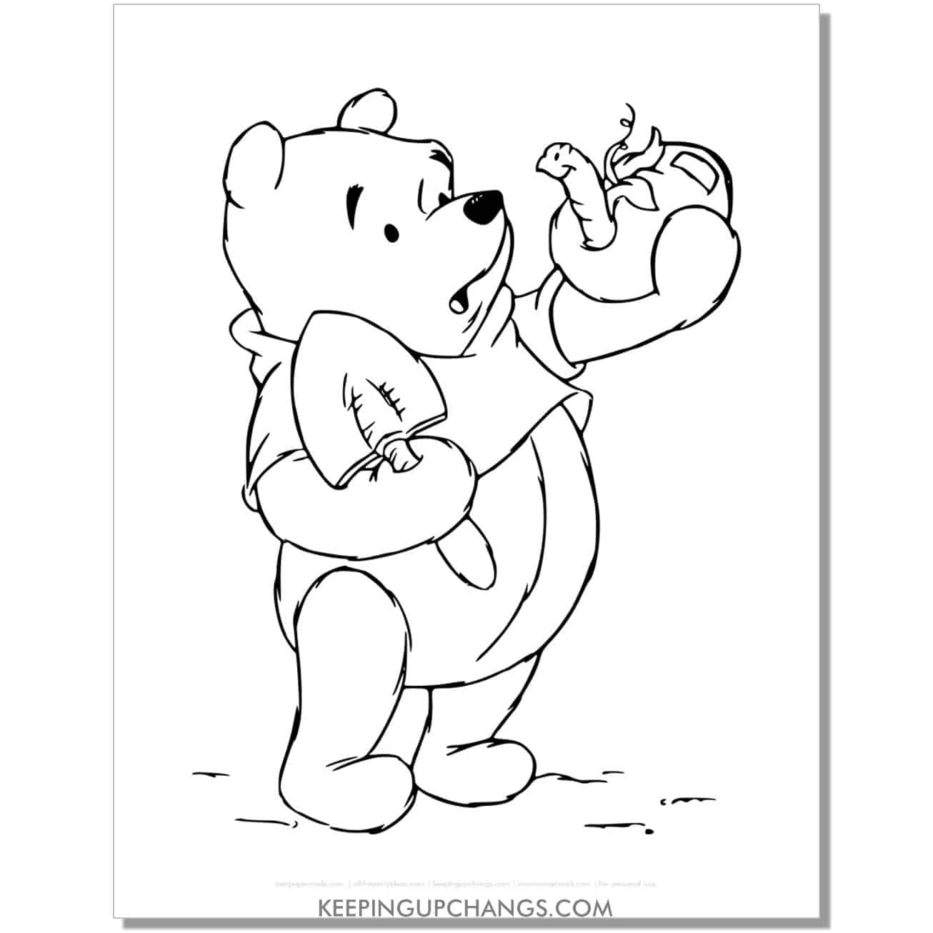 winnie the pooh holding apple with worm coloring page, sheet.
