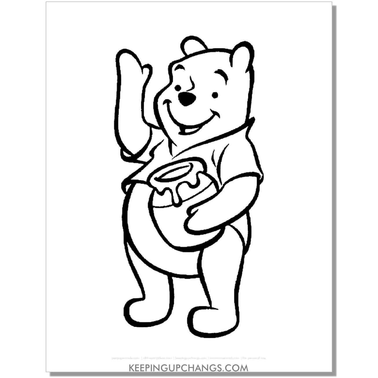 winnie the pooh waving with honey pot in hand coloring page, sheet.
