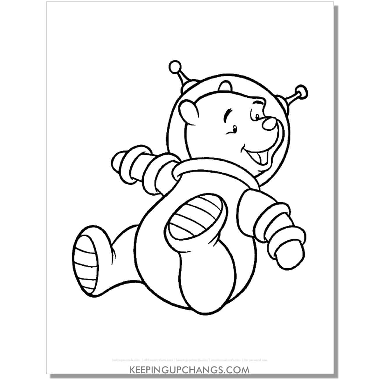 winnie the pooh in astronaut spacesuit waving coloring page, sheet.