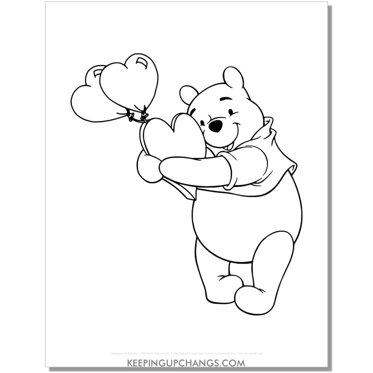 winnie the pooh holding heart balloons coloring page, sheet.