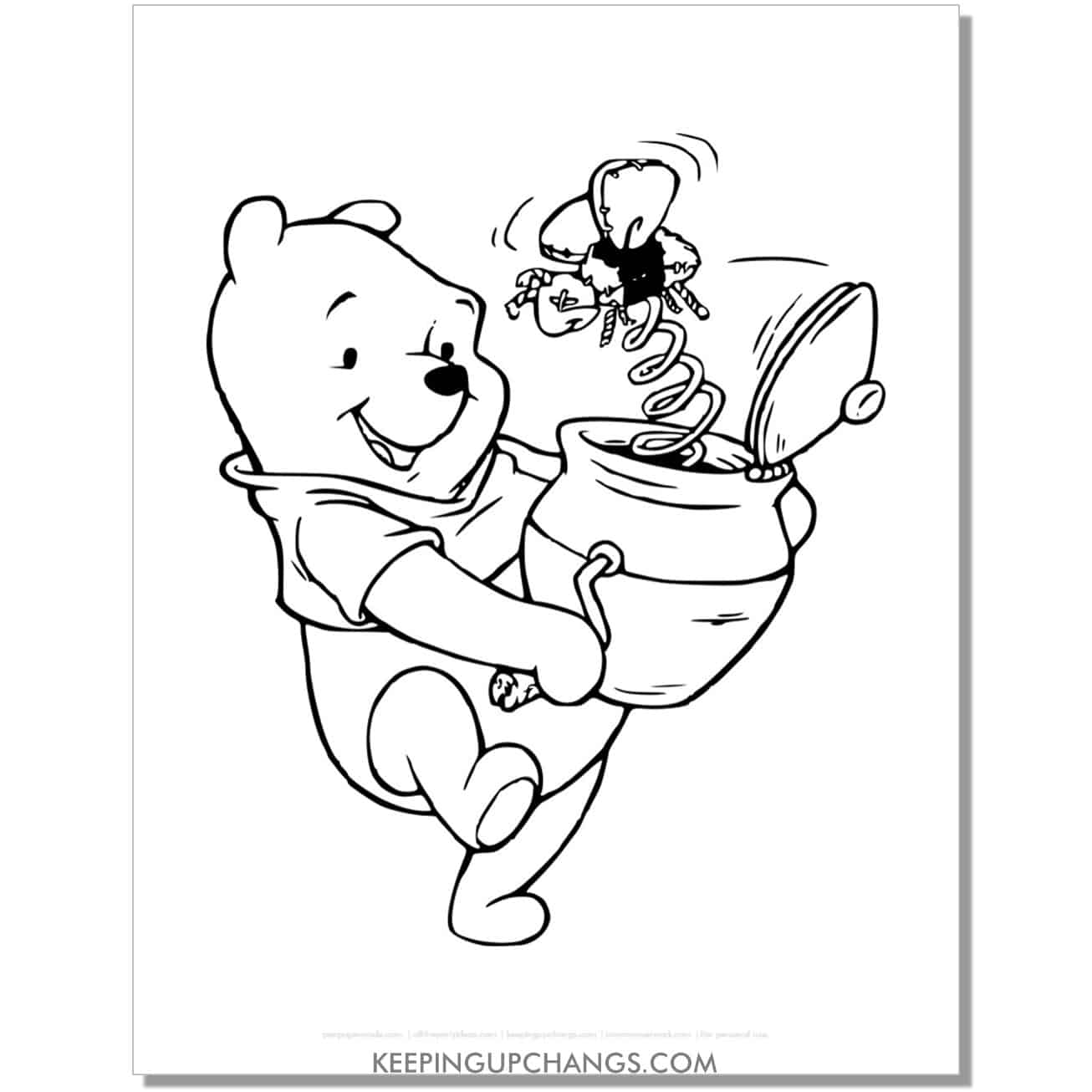 winnie the pooh with jack in the box bee coloring page, sheet.