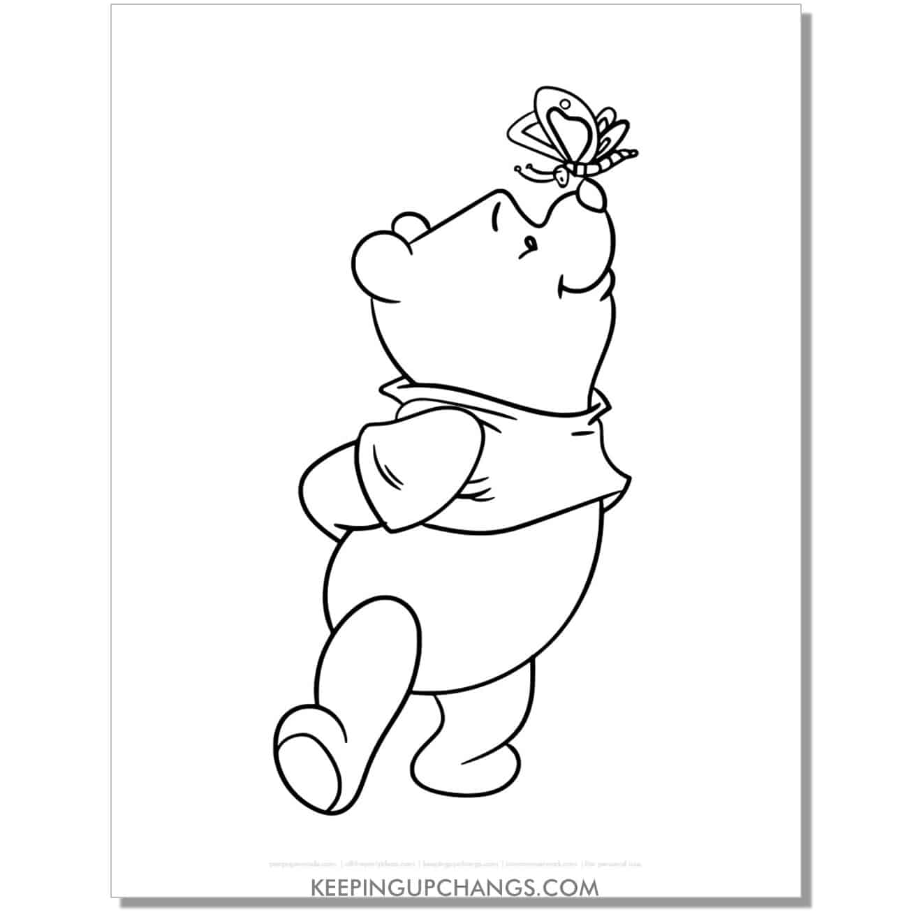 winnie the pooh with butterfly on nose coloring page, sheet.