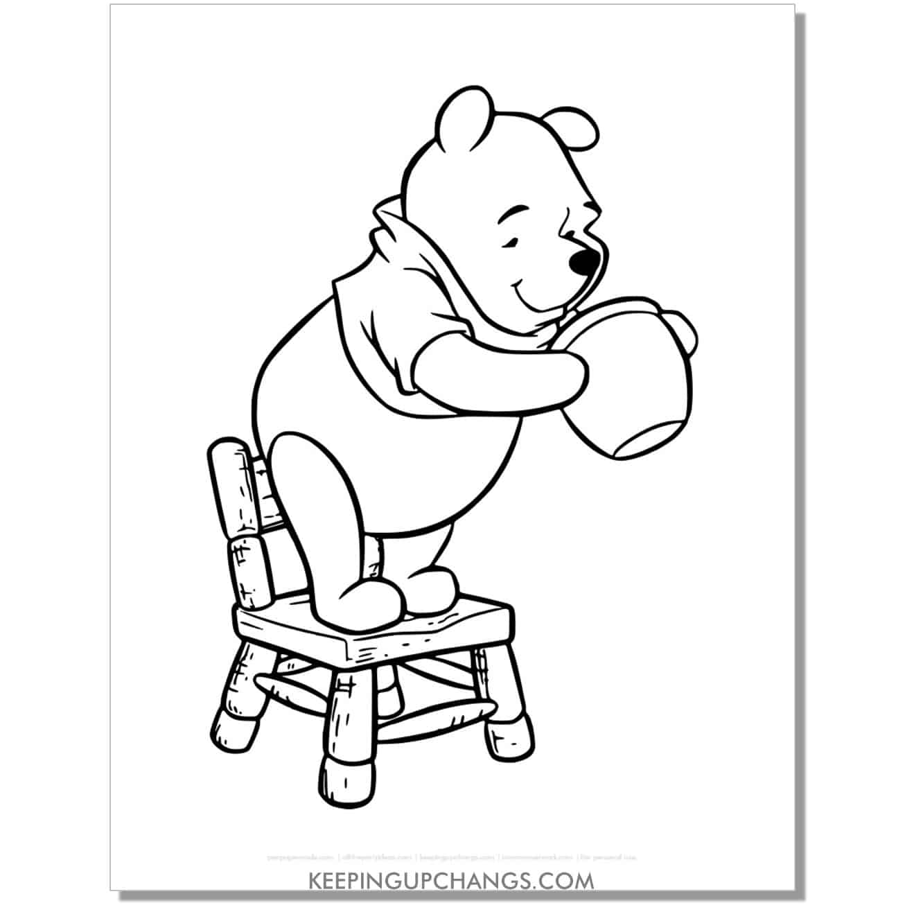winnie the pooh standing on chair looking into honey pot coloring page, sheet.
