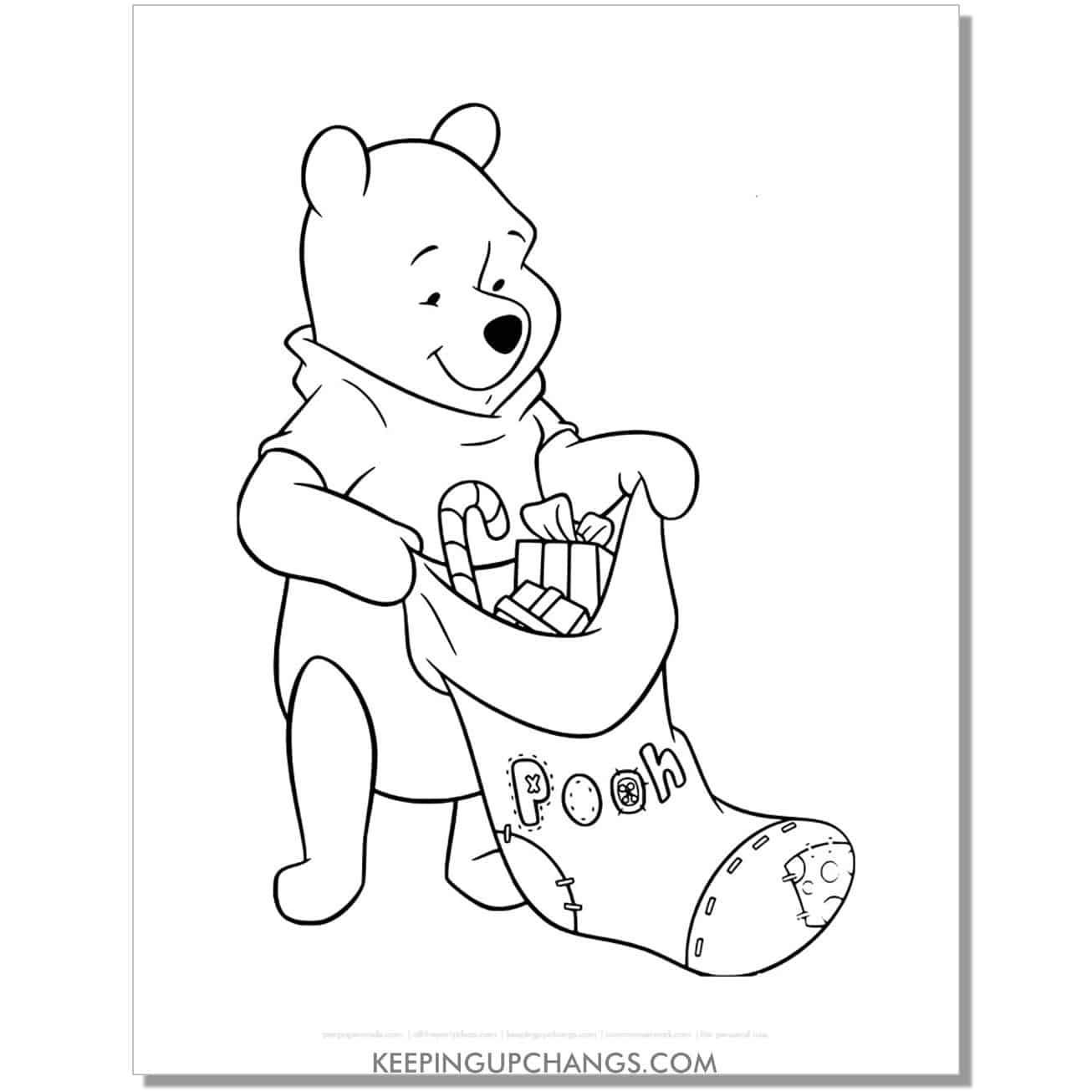 winnie the pooh holding christmas stocking coloring page, sheet.